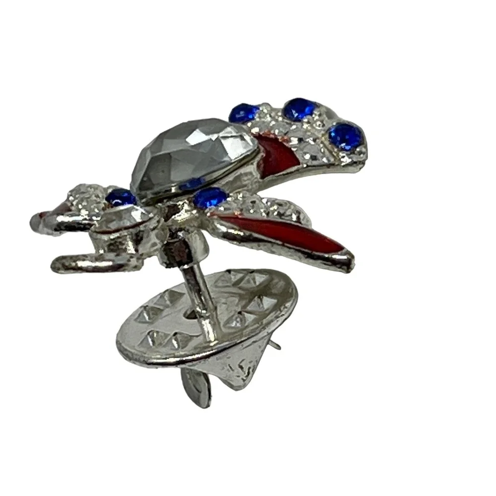 Vintage Angel Brooch‎ Silver Tone with Red White Blue Crystal Pin
